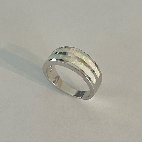 Sterling Silver White Lab Opal Ring, Wedding Band, October Birthstone Rings - Picture 2 of 13